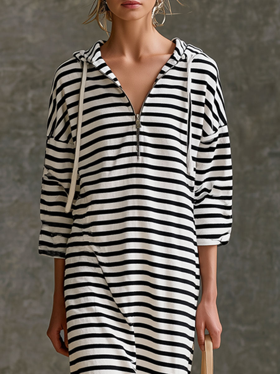 Casual Sporty Retro Black And White Striped Pure Cotton Hooded Midi Dress