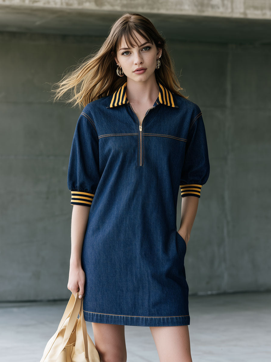 Casual Retro Striped Ribbed Mid-sleeve Dark Blue Denim Mini Dress