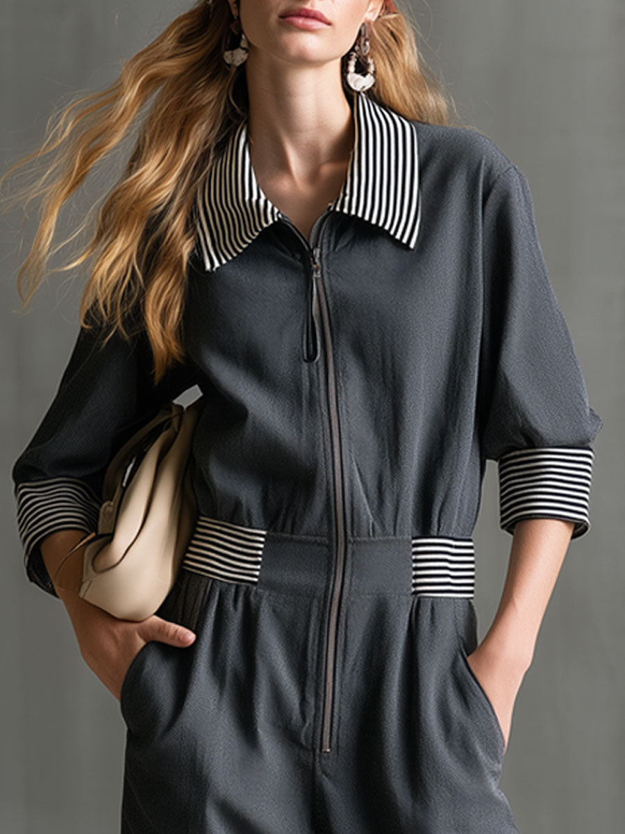 Casual Retro Striped Ribbed Zipper Dark Gray Long-sleeved Jumpsuit