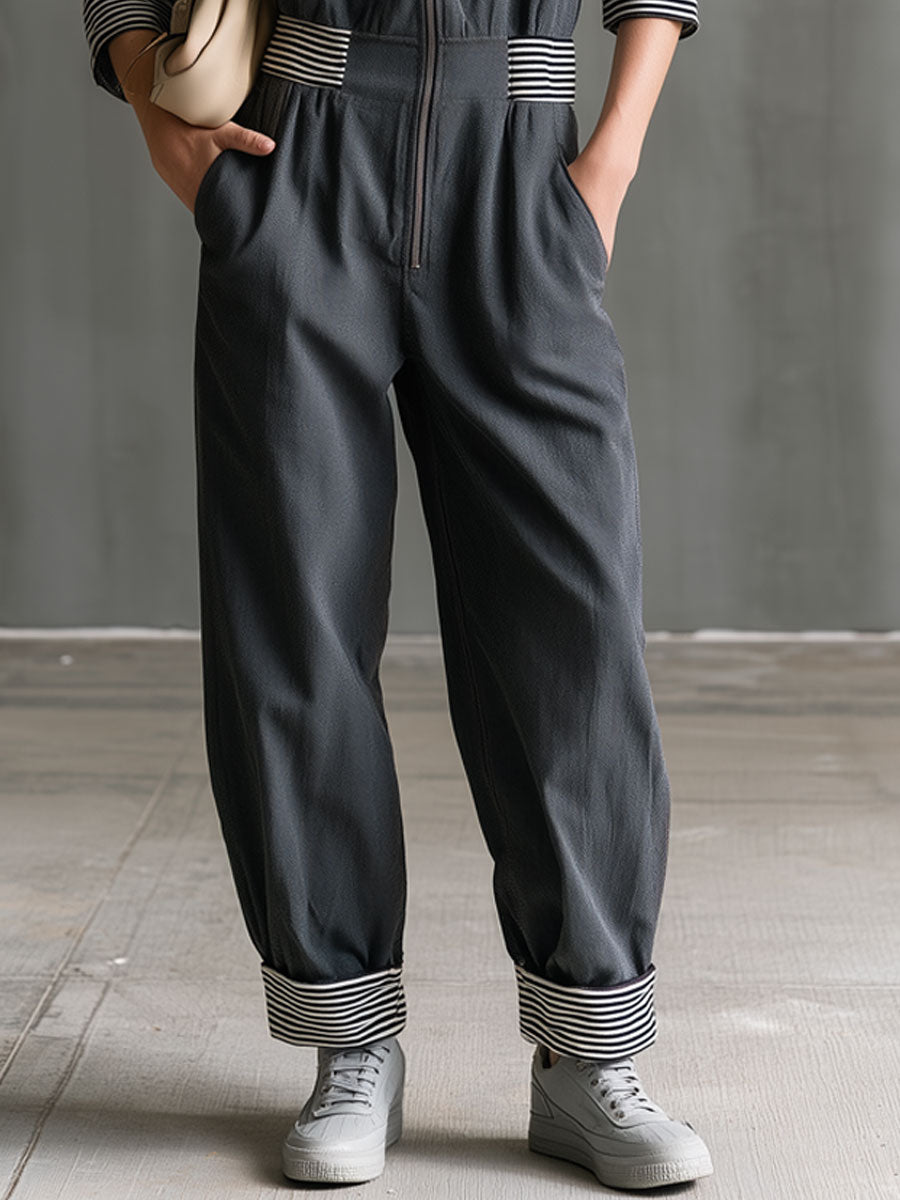 Casual Retro Striped Ribbed Zipper Dark Gray Long-sleeved Jumpsuit