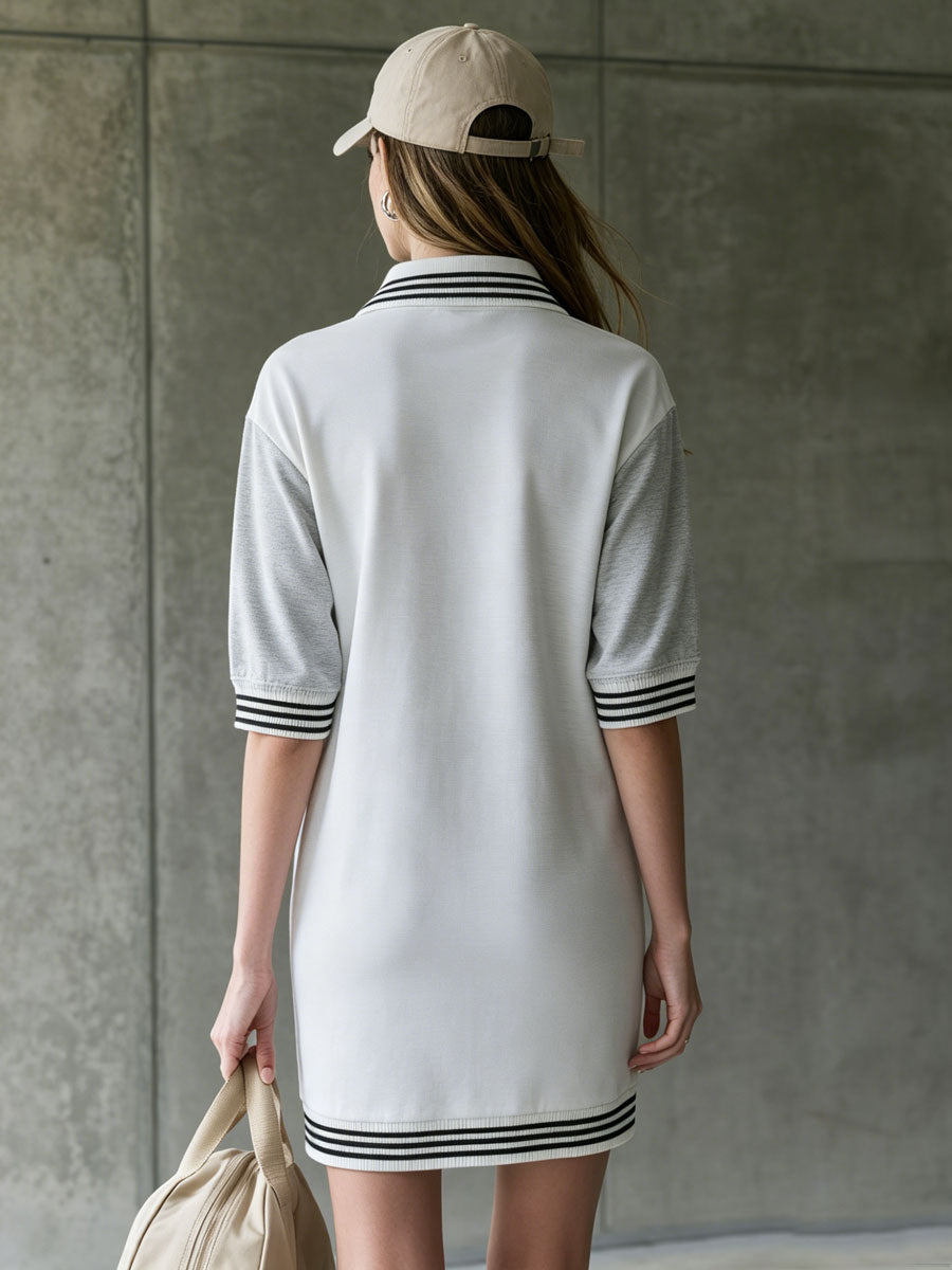 Casual Sporty Retro Striped Gray And White Color-blocked Mid-sleeve Mini Dress