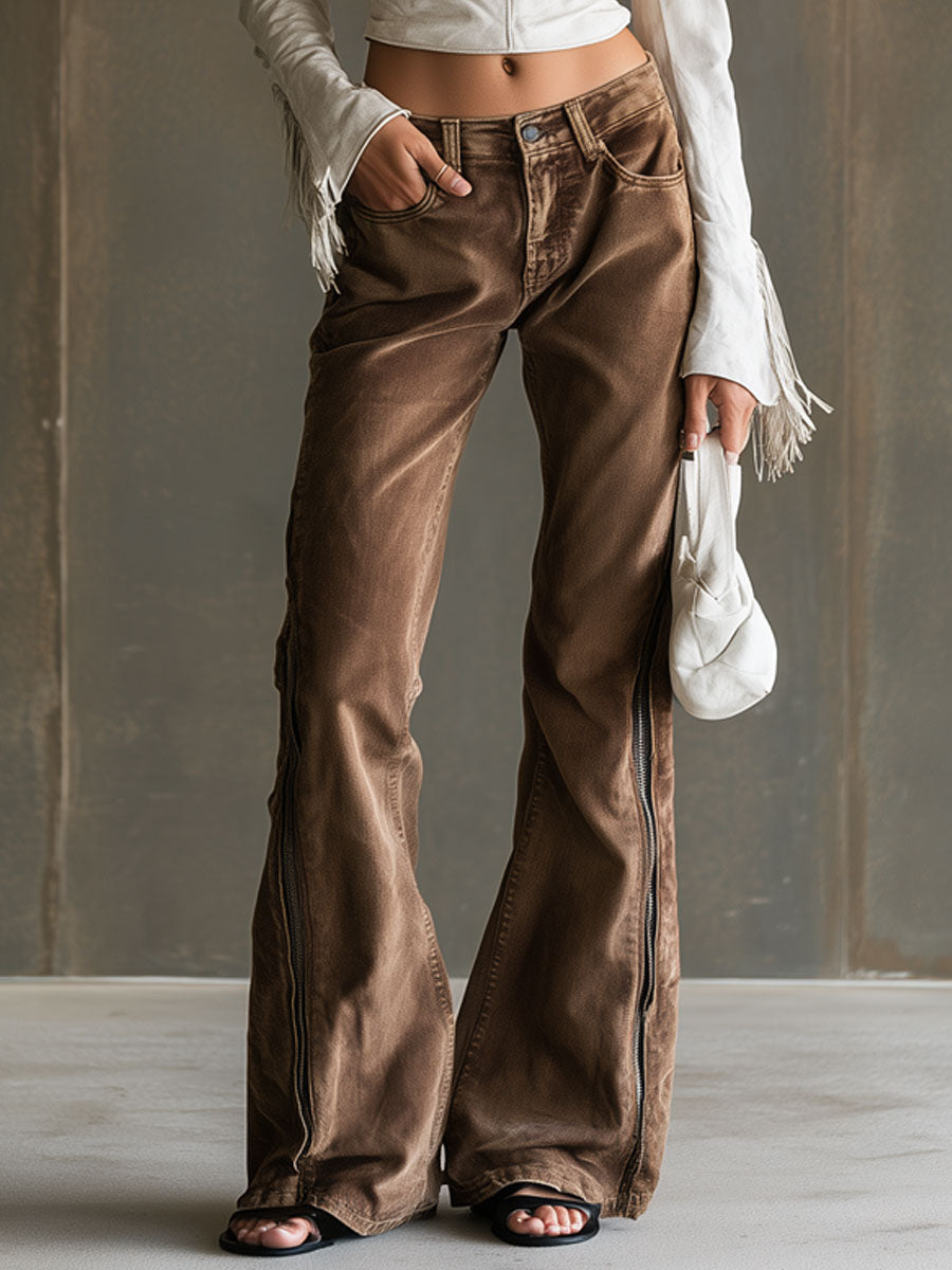 Casual Retro Zipper Chocolate-colored Flared Jeans