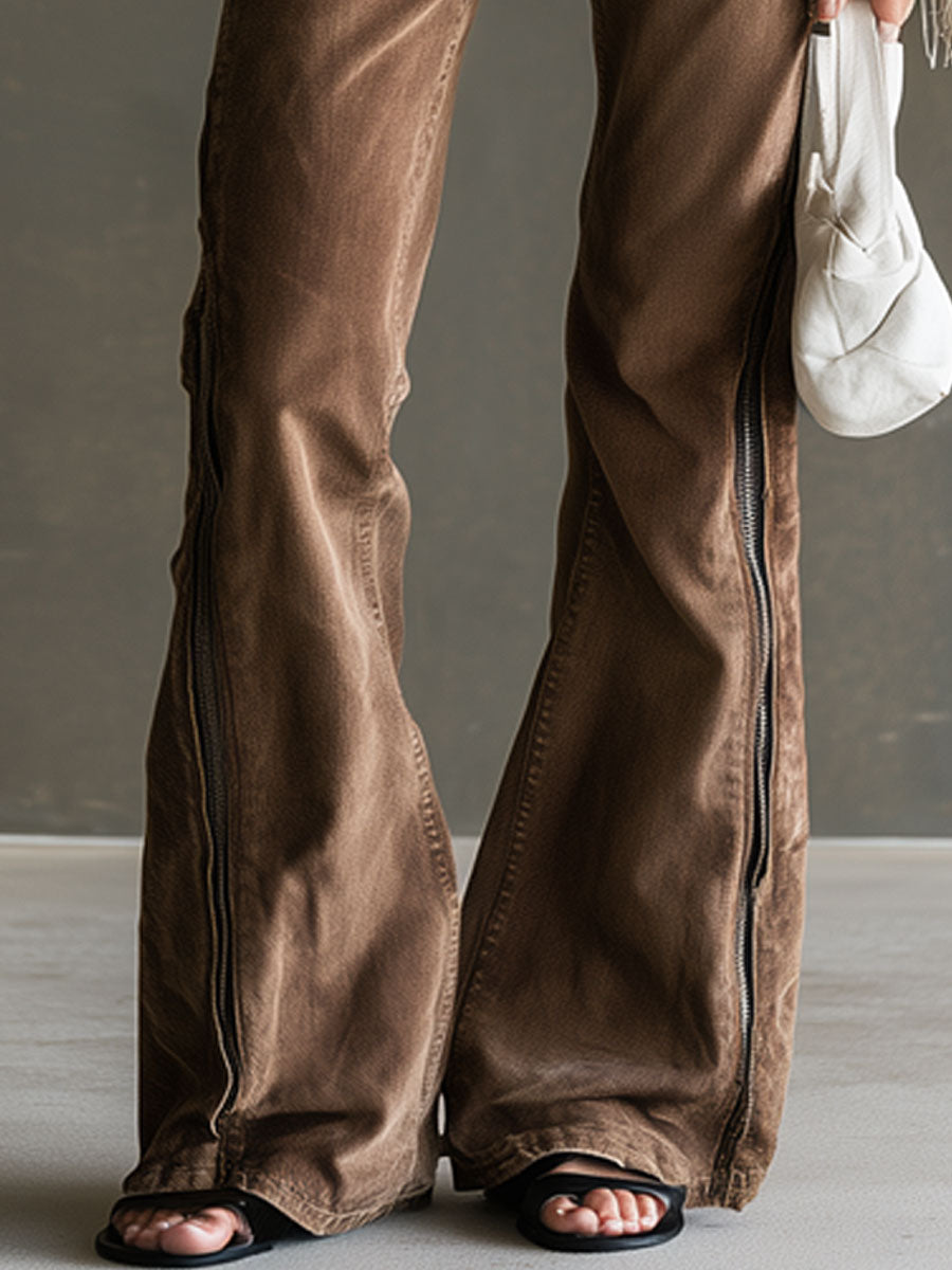 Casual Retro Zipper Chocolate-colored Flared Jeans