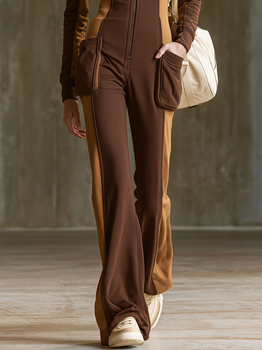 Casual Sporty Retro Color Block Pure Cotton Long-Sleeved Jumpsuit