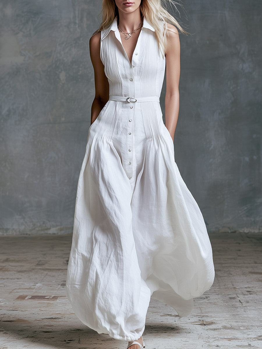Elegant And Refined Collared Design White Pleated Cotton-linen Sleeveless Maxi Dress