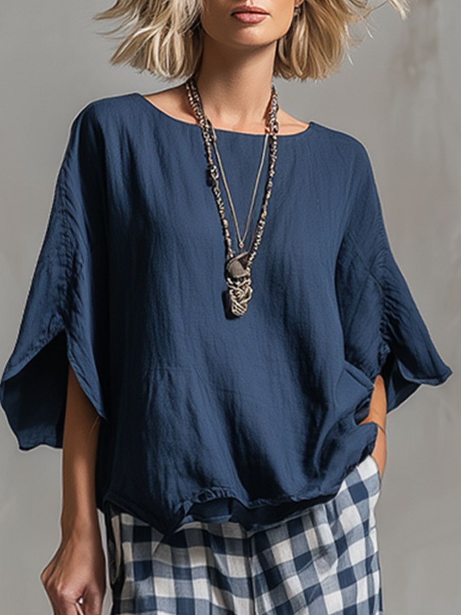 Elegant & Casual Blue Boxy T-Shirt And Plaid Trousers Cotton-Linen Set