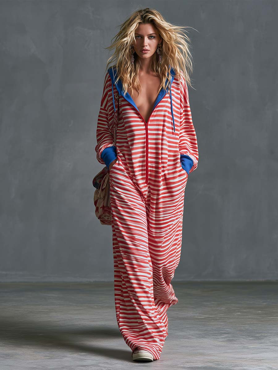 Lazy Athleisure Hooded Front-zip Red Striped Cotton Jumpsuit