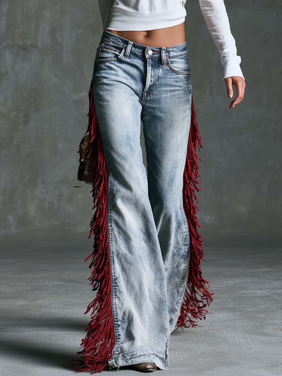 Vintage Urban Western Red Tassels Light-wash Slight-flare Jeans