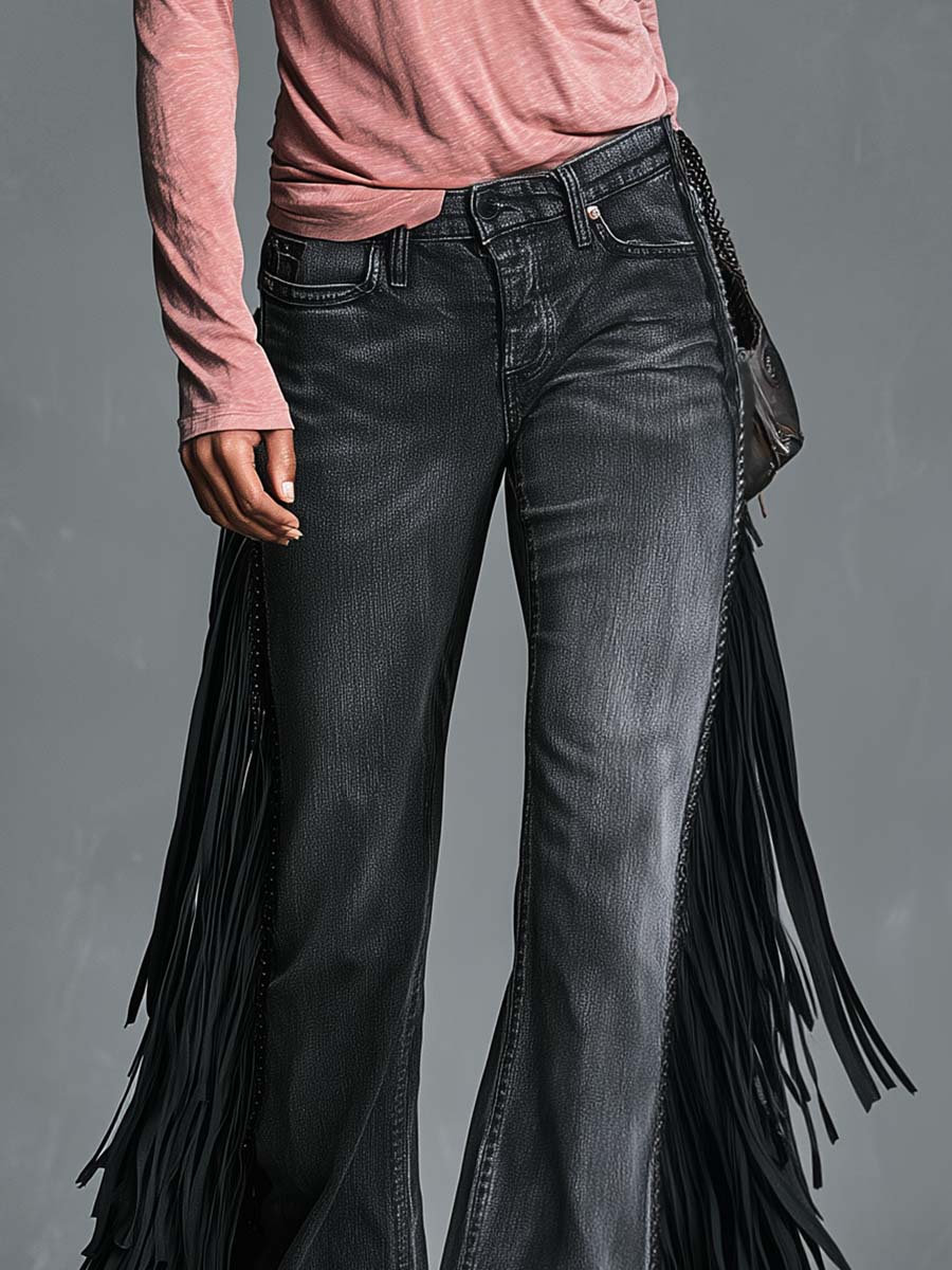 Versatile Personality Western Dark Gray Fringe Flared Jeans