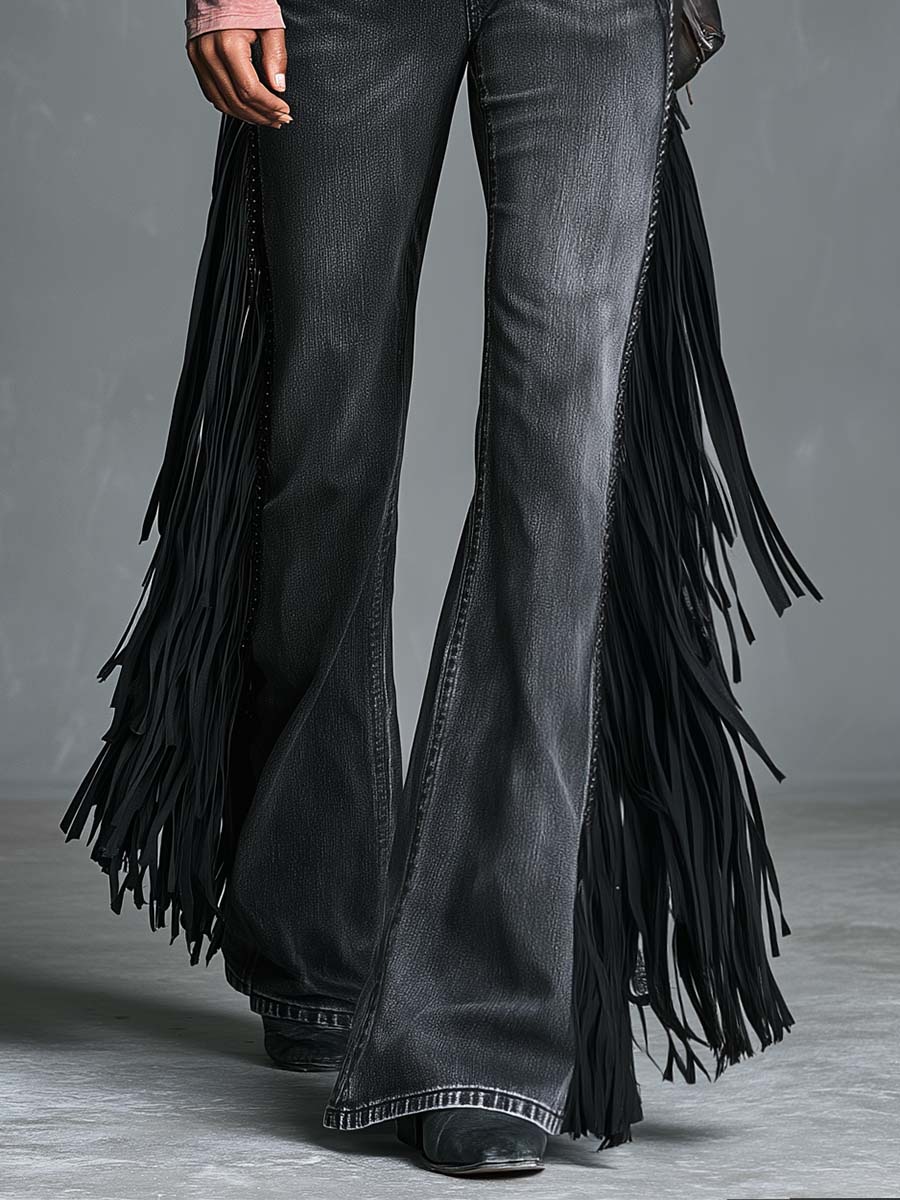 Versatile Personality Western Dark Gray Fringe Flared Jeans