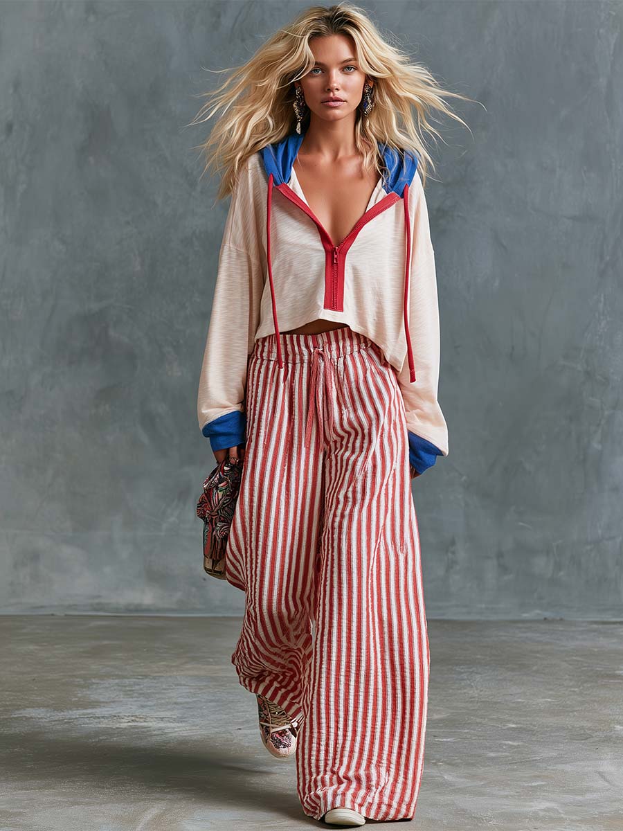 Retro Casual Beige Hoodie And A Red-striped Wide-leg Pants Set
