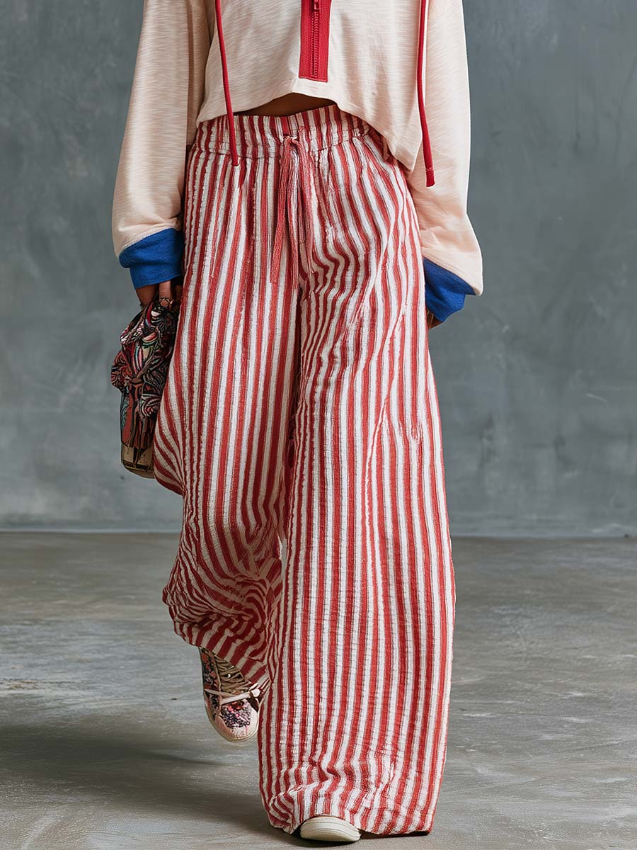 Retro Casual Beige Hoodie And A Red-striped Wide-leg Pants Set