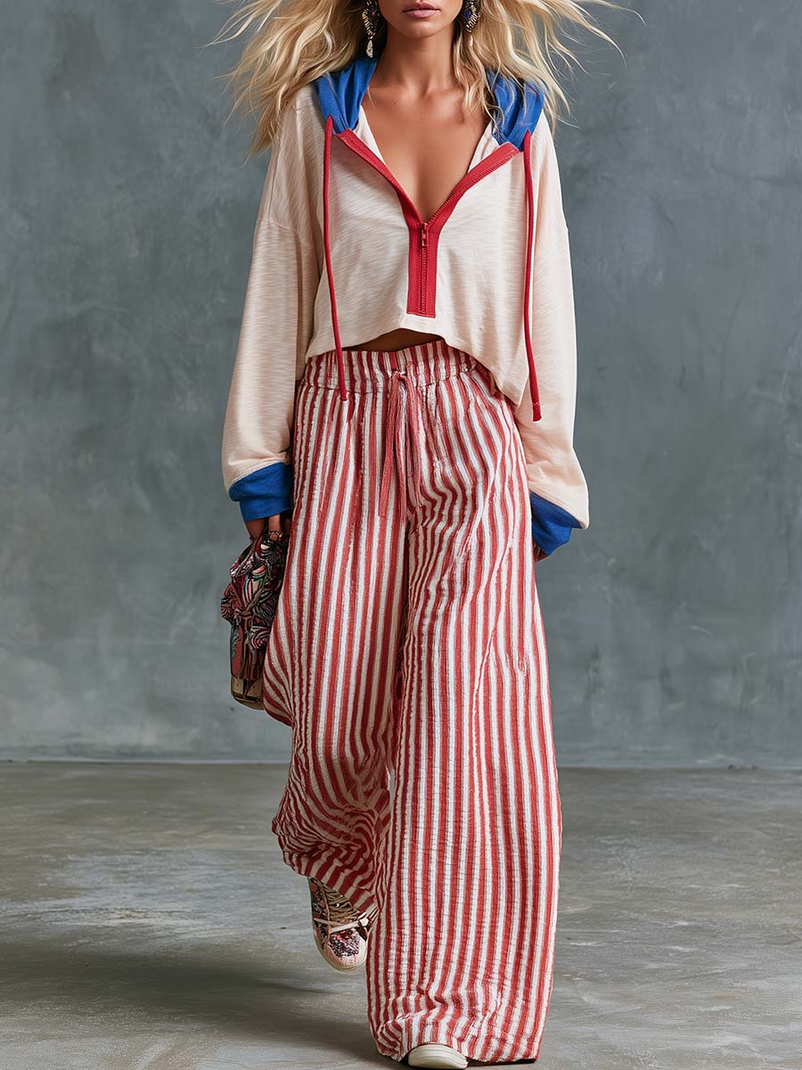 Retro Casual Beige Hoodie And A Red-striped Wide-leg Pants Set
