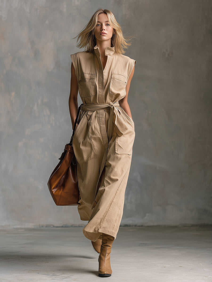 Elegant Urban-chic Khaki Stand-collar Maxi Dress