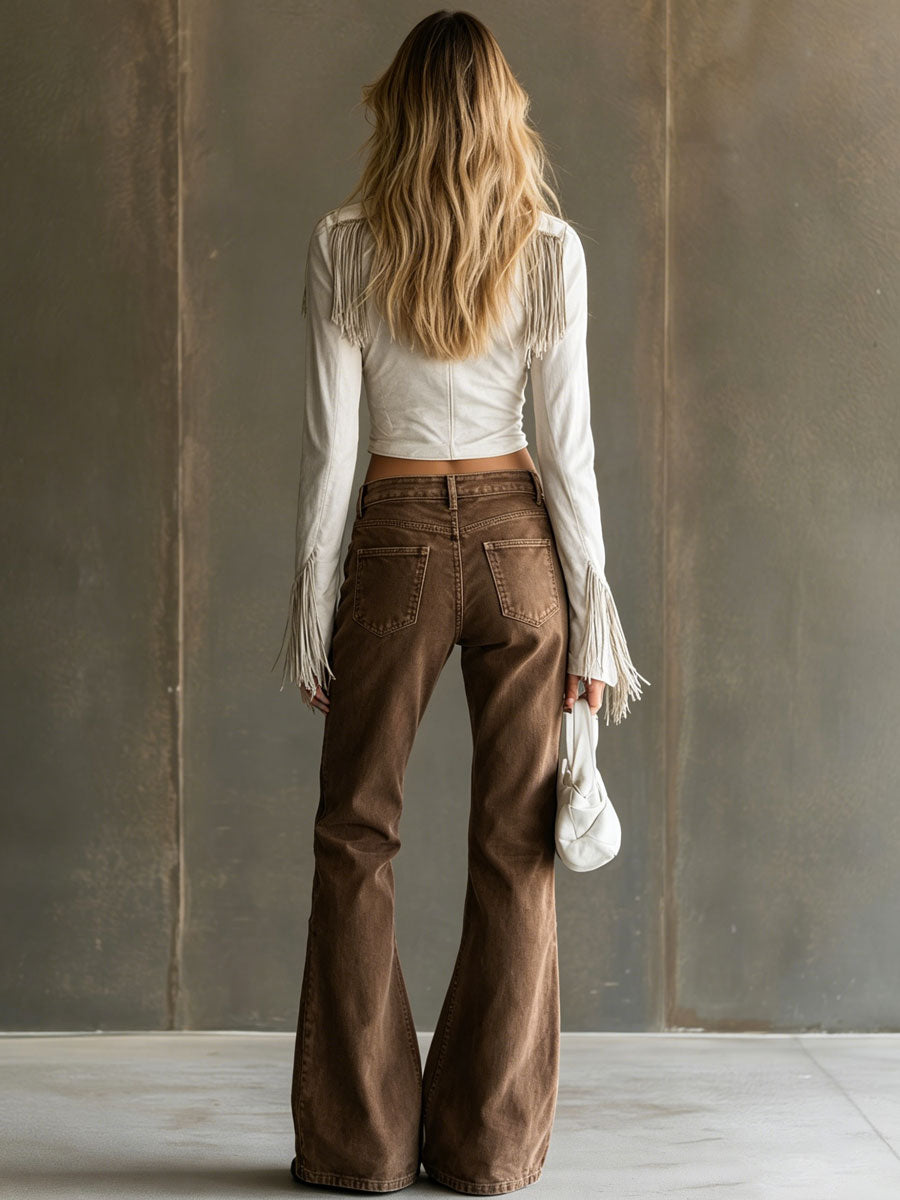 Casual Retro Zipper Chocolate-colored Flared Jeans