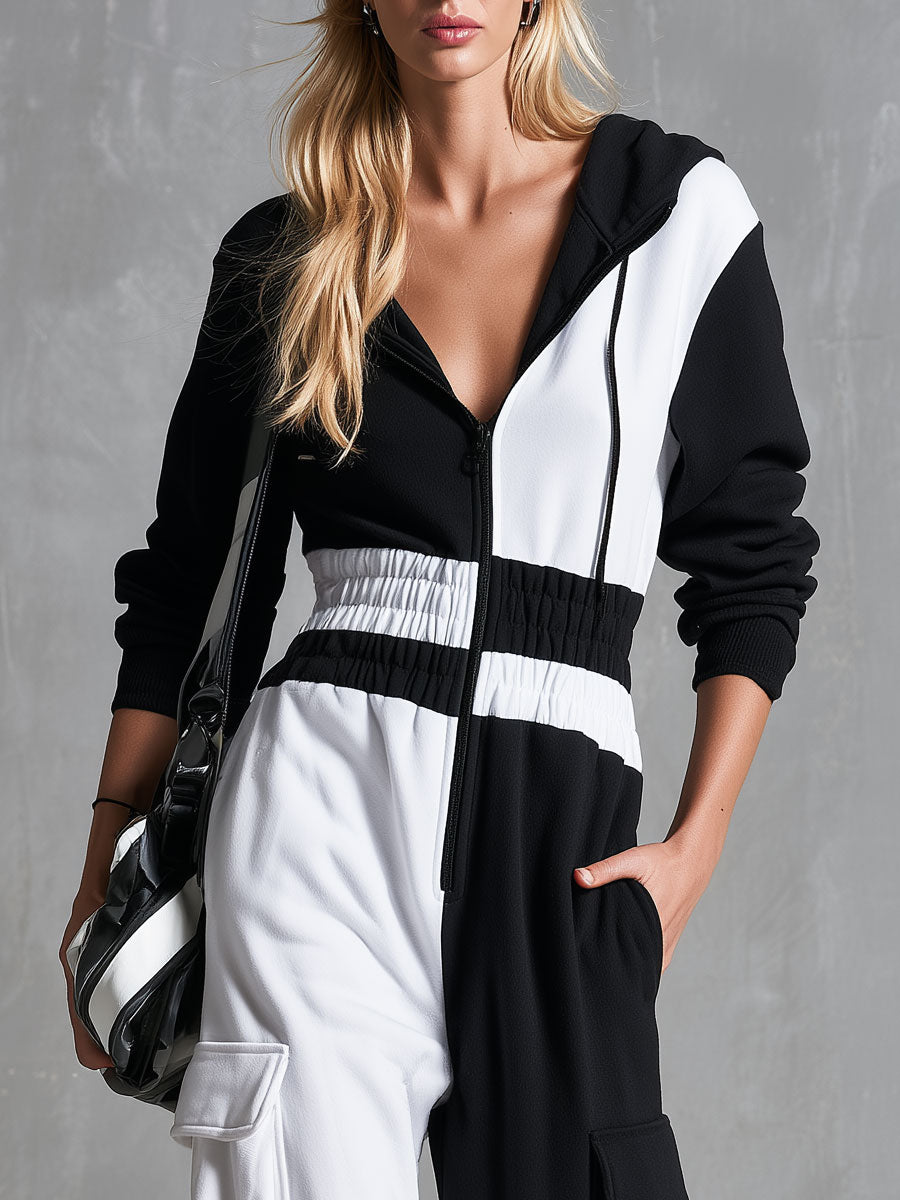 Casual Retro Black And White Color-blocked Hooded Zip-up Long-sleeved Cotton Jumpsuit