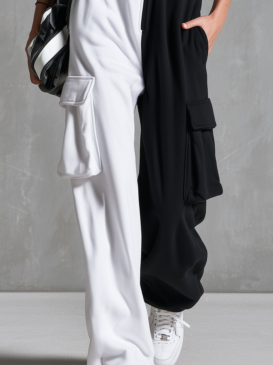 Casual Retro Black And White Color-blocked Hooded Zip-up Long-sleeved Cotton Jumpsuit