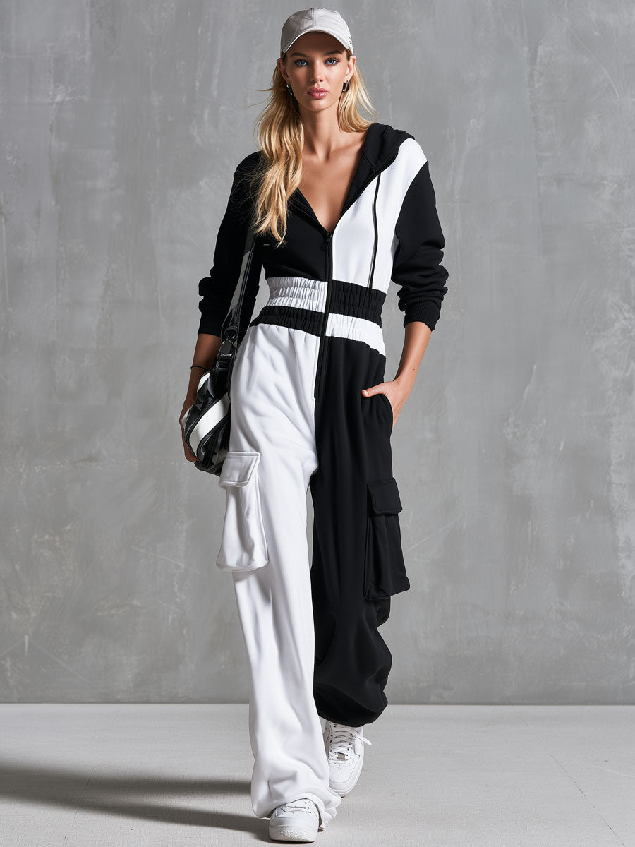 Casual Retro Black And White Color-blocked Hooded Zip-up Long-sleeved Cotton Jumpsuit