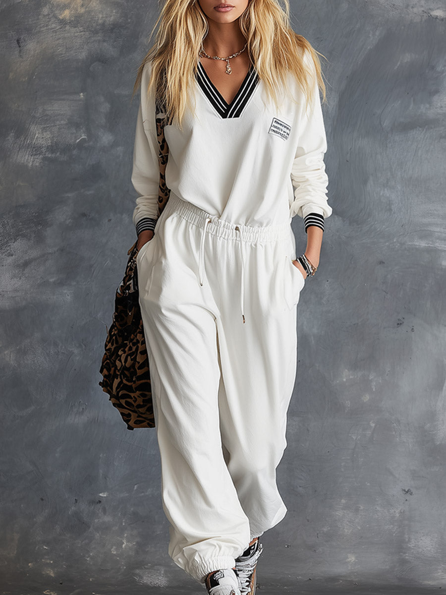 Casual Sportswear Striped Trim White V-Neck Sweatshirt And Sweatpants Set