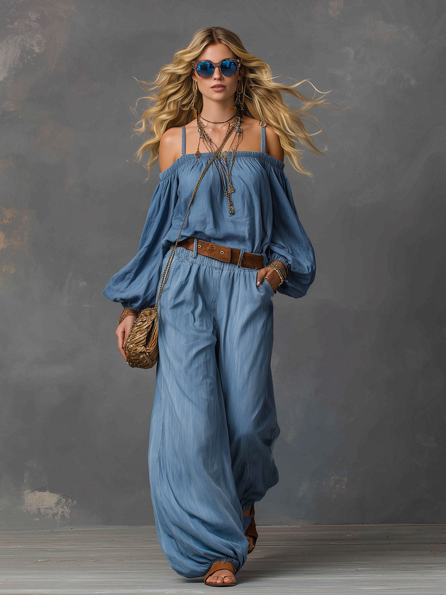 Elegant Minimalist Light Blue Tencel Denim Off-shoulder Shirt And Trousers Set