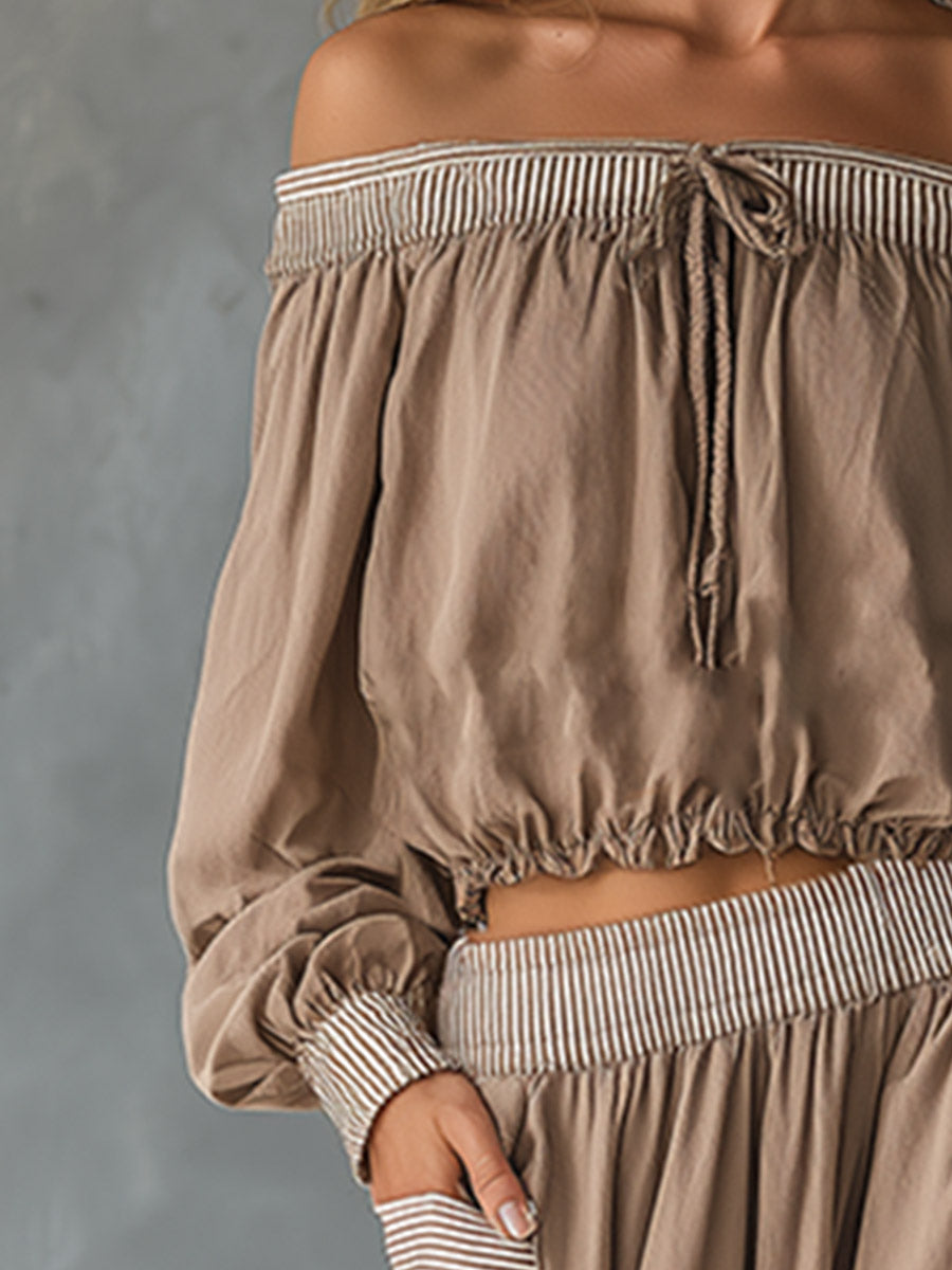 Elegant & Casual Striped-Trim Khaki Off-Shoulder Shirt And Skirt Set