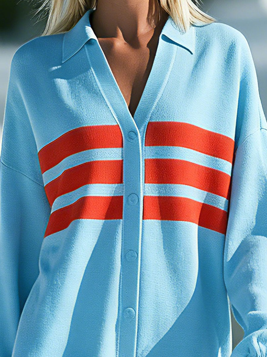 Casual Sporty Retro Striped Blue Long-sleeved Button Cotton Mini Dress