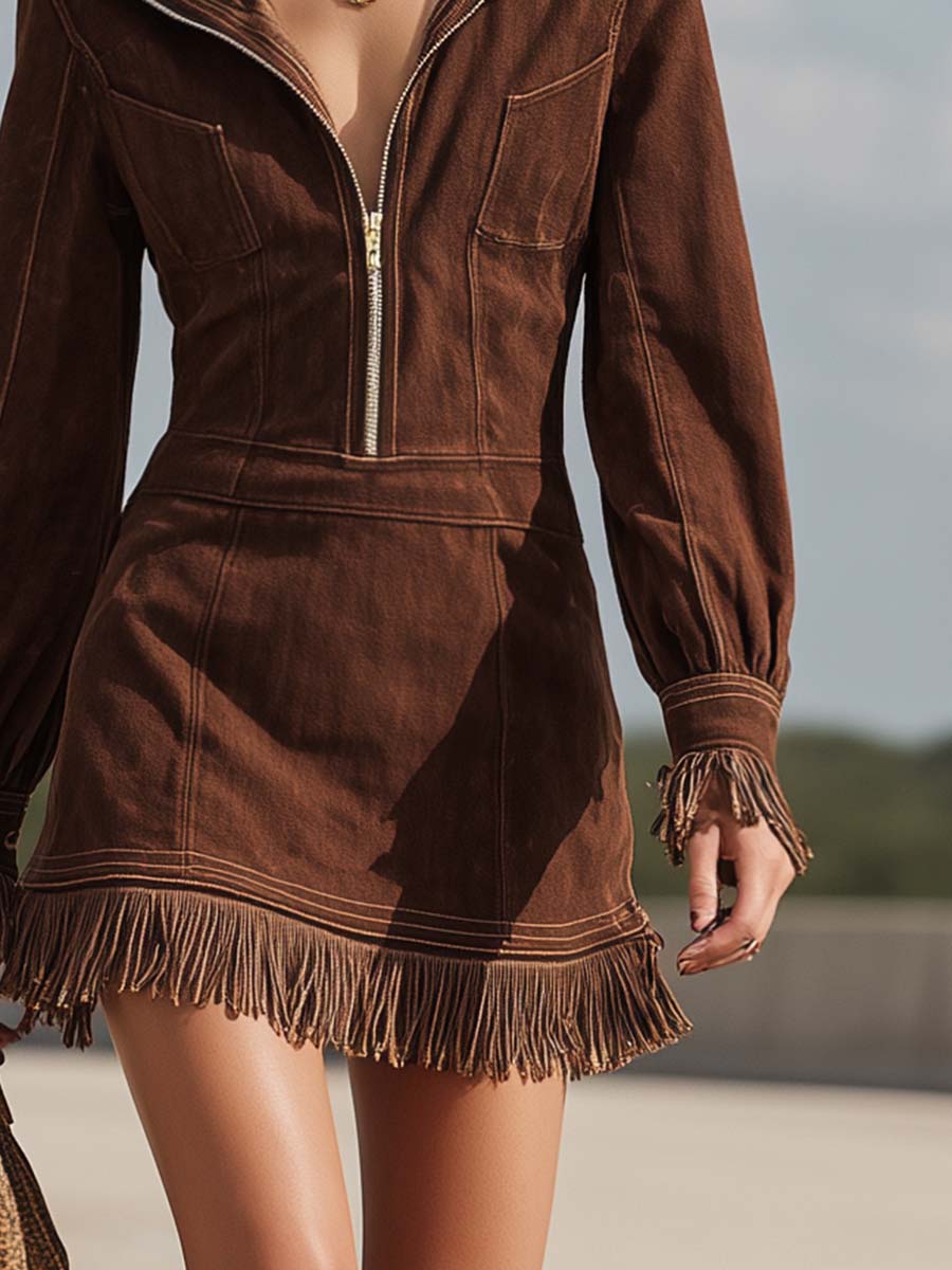 Women’s Denim Fringe Zip Front Fringe Mini Dress Western Chic Style
