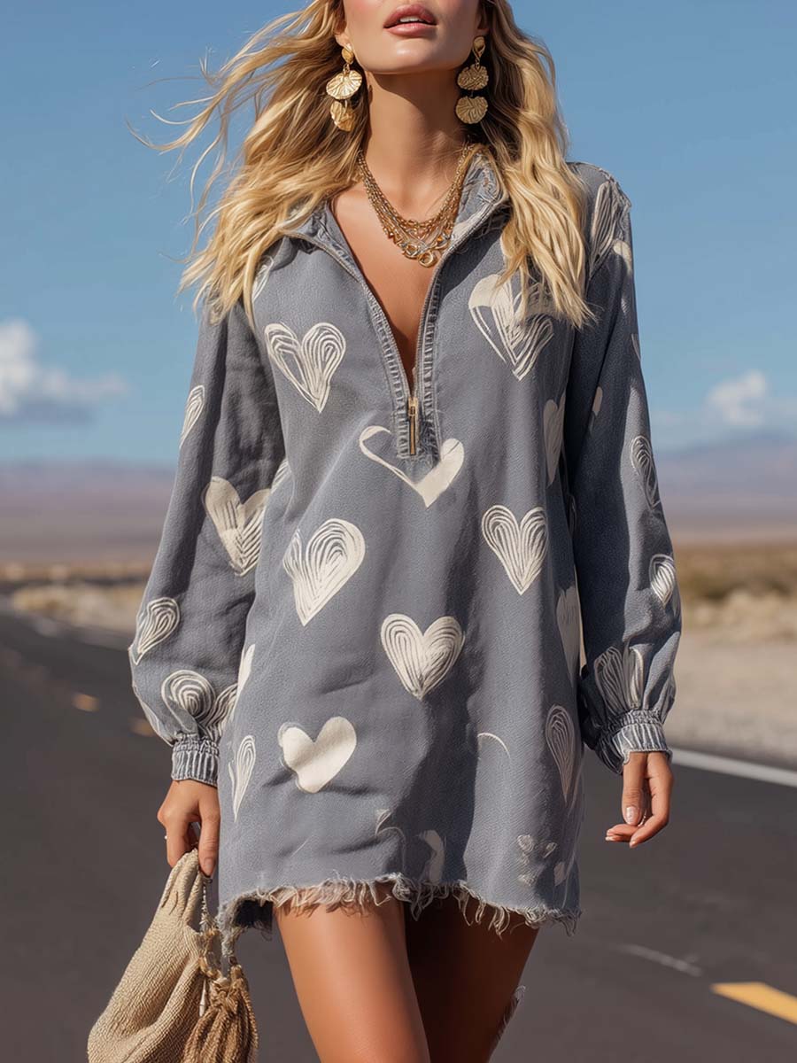 Retro Casual Heart Pattern Lapel Front Zipper Gray Denim Mini Dress