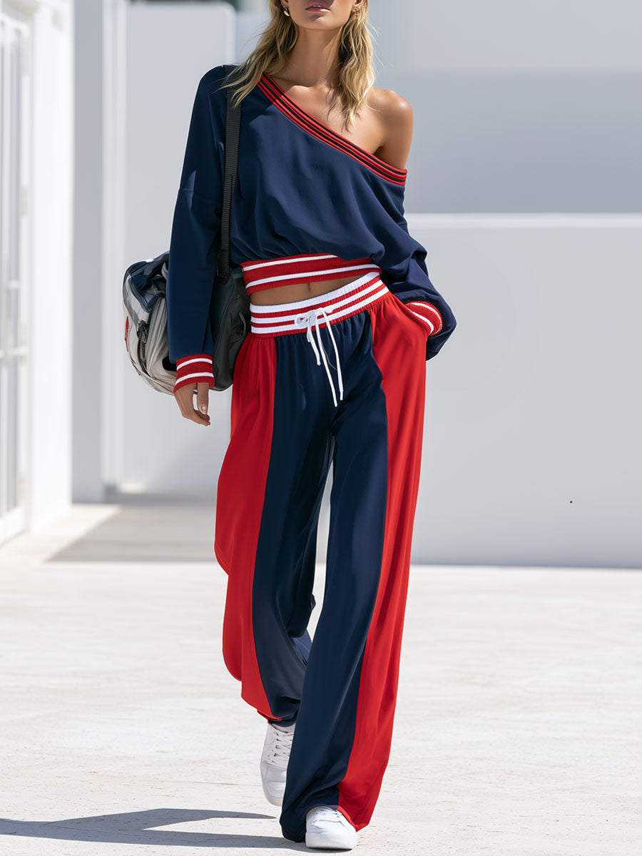 Retro Casual Sporty Red And Blue Color-blocked Off-shoulder Top And Pants Set