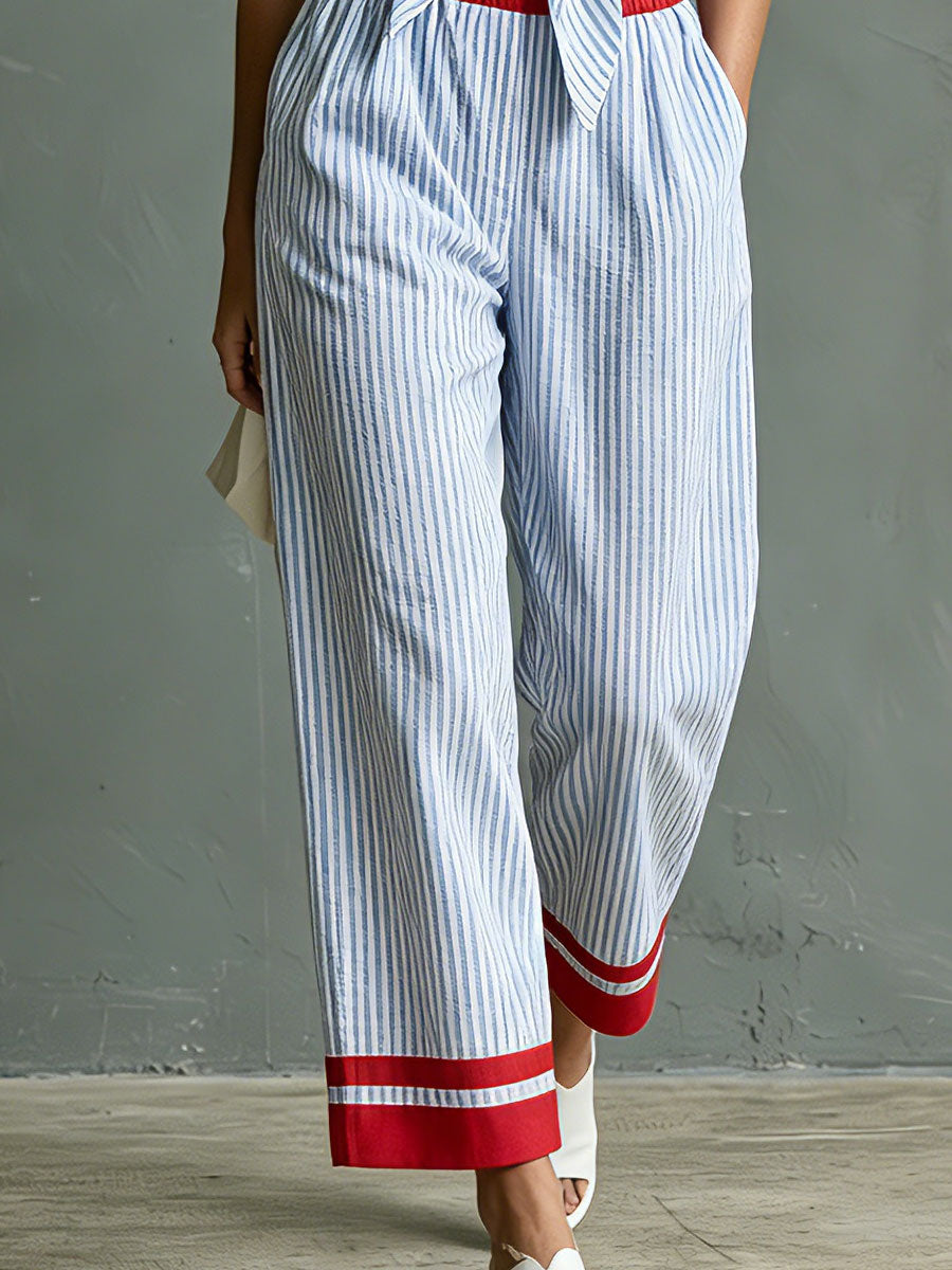 Retro Casual Color-blocked Blue And White Striped Cotton Linen Shirt And Trousers Set