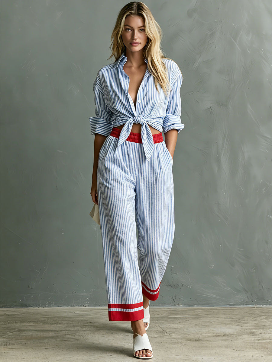 Retro Casual Color-blocked Blue And White Striped Cotton Linen Shirt And Trousers Set