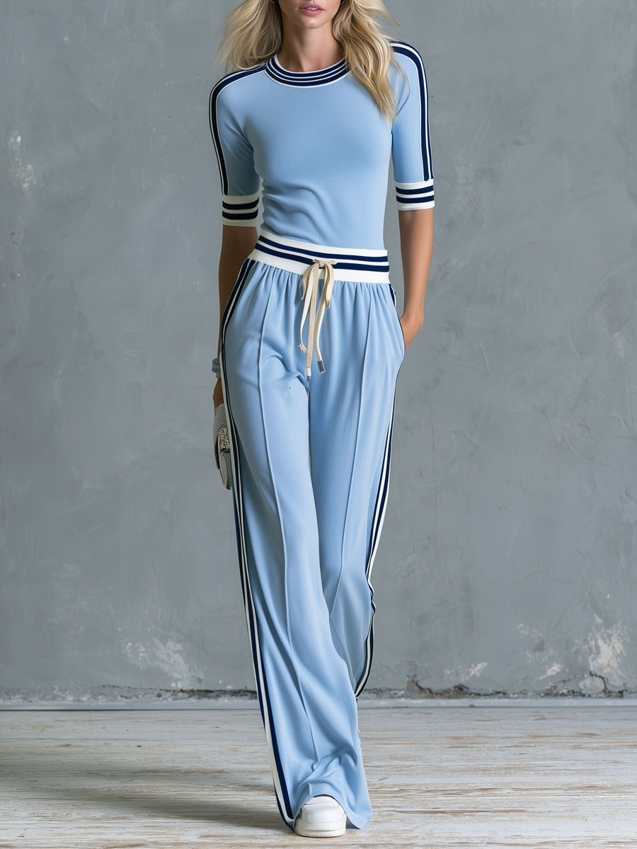Sporty Casual Retro Color-blocked Woven Blue Cotton Top And Pants Set