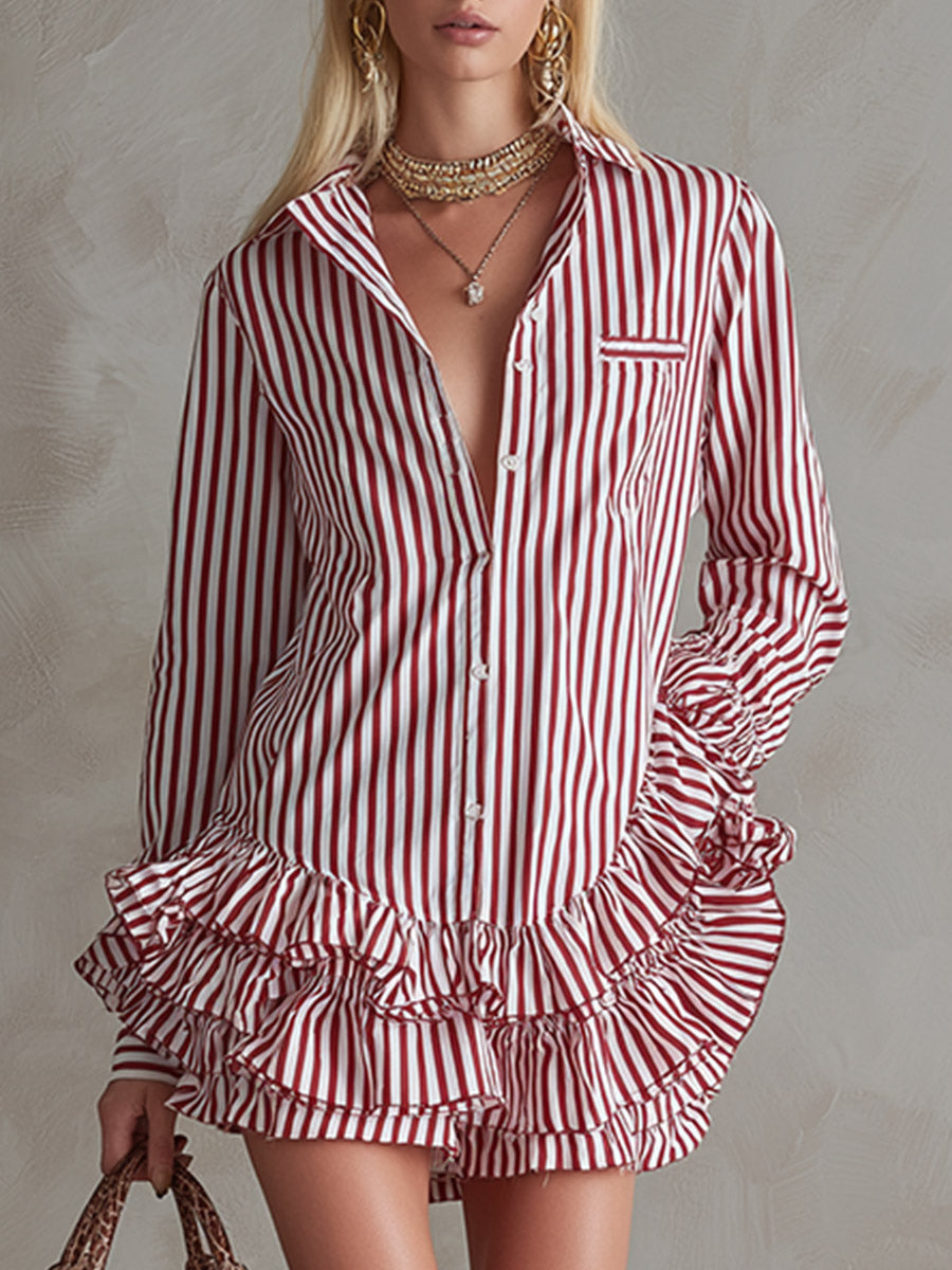 Vintage-style Elegant Red Striped Ruffled Shirt Mini Dress