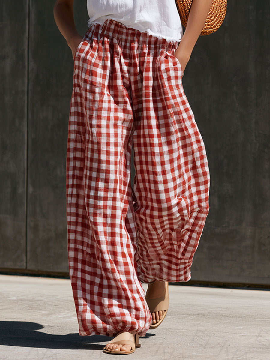 Casual Retro Red And White Gingham Cotton-Linen Trousers
