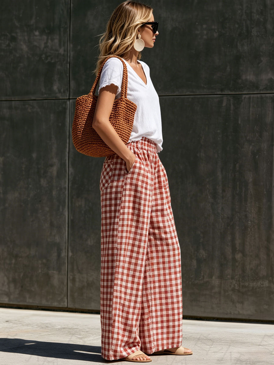 Casual Retro Red And White Gingham Cotton-Linen Trousers