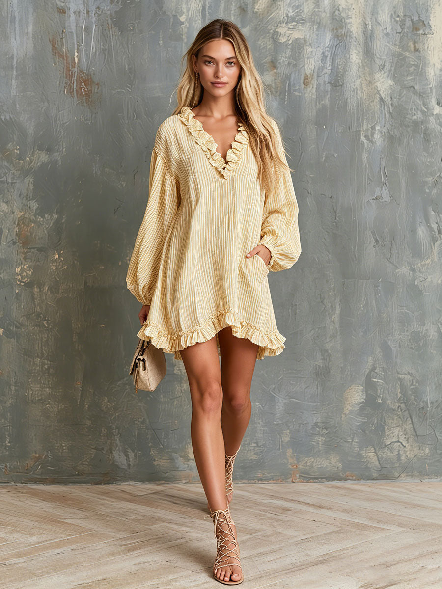 Retro Casual Yellow Striped Ruffled V-neck Long-sleeved Cotton Linen Mini Dress