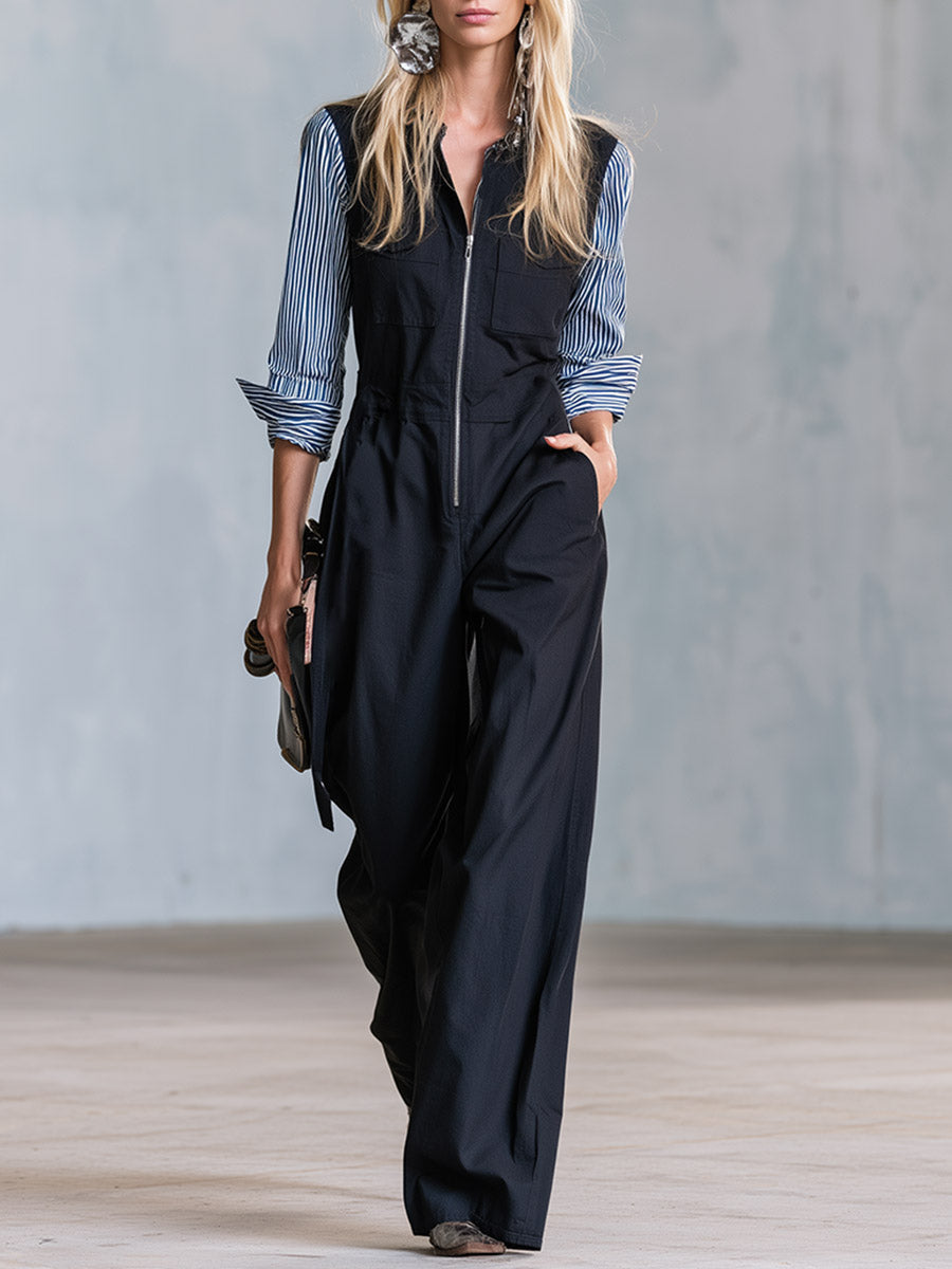 Casual Everyday Black Cotton Patchwork Striped Long-Sleeve Jumpsuit