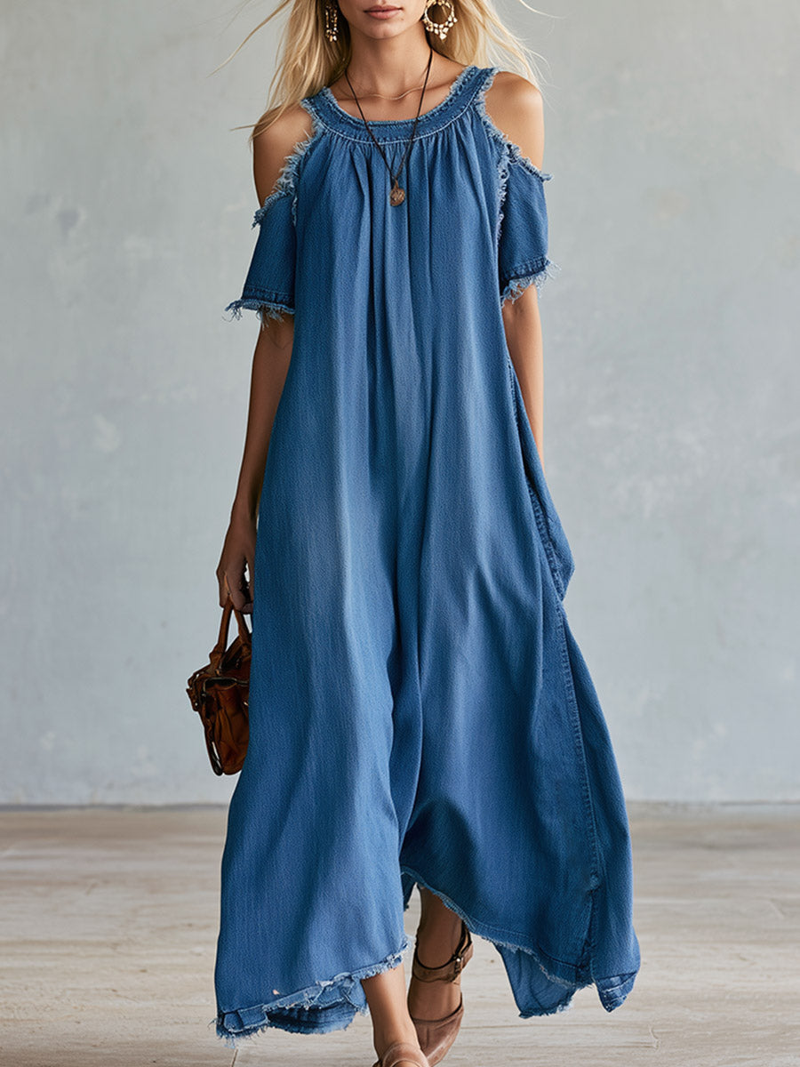 Chic Casual Cut-Out Shoulder Blue Denim Short-Sleeve Maxi Dress