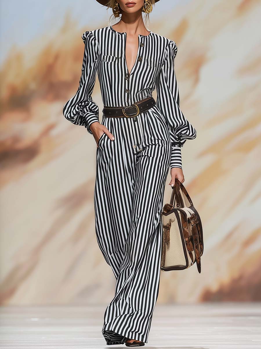 Retro Chic Black And White Striped Puff-Sleeve Belted Wide-Leg Jumpsuit