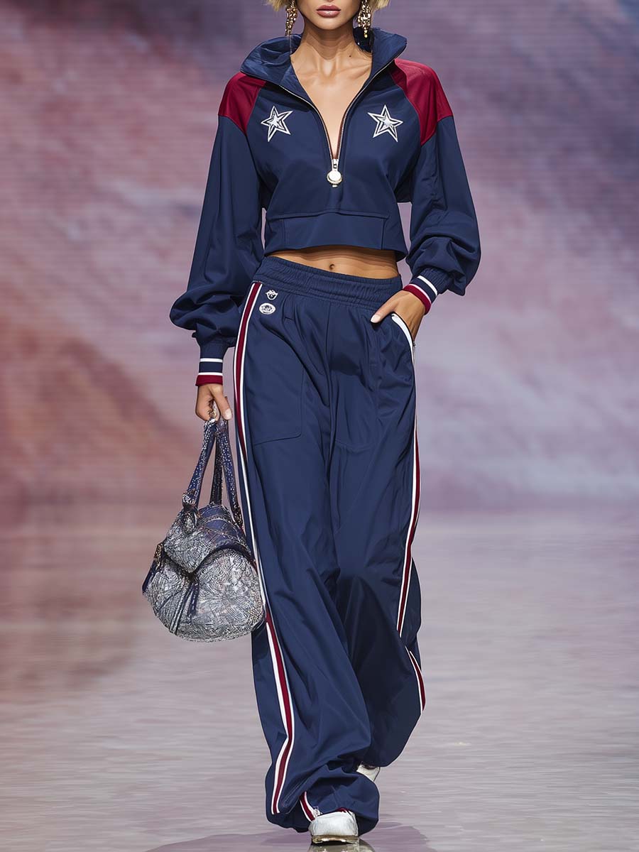 Retro Sporty Star-Patch Navy Half-Zip Cropped Pullover And Wide-Leg Track Pants Set