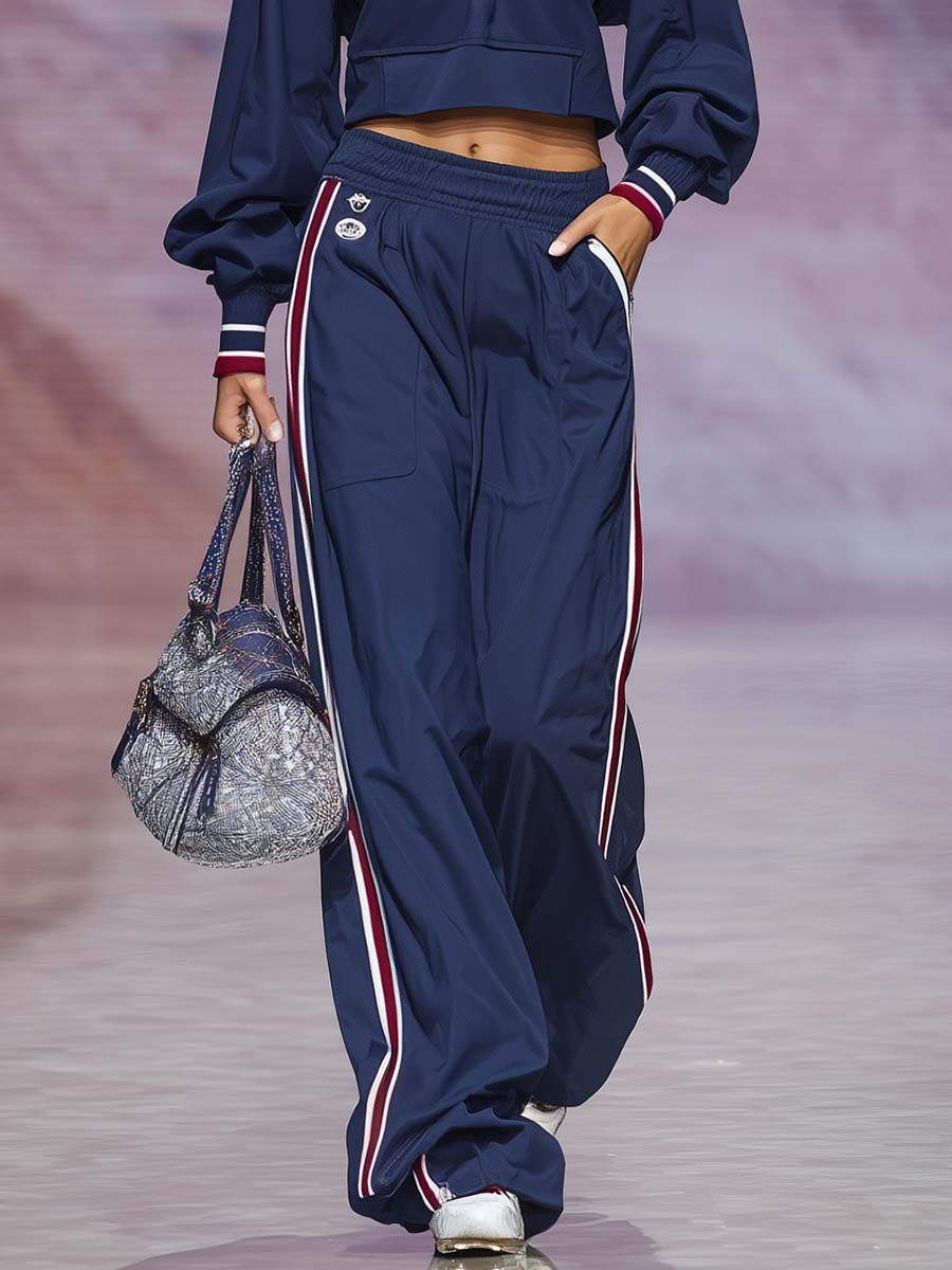 Retro Sporty Star-Patch Navy Half-Zip Cropped Pullover And Wide-Leg Track Pants Set