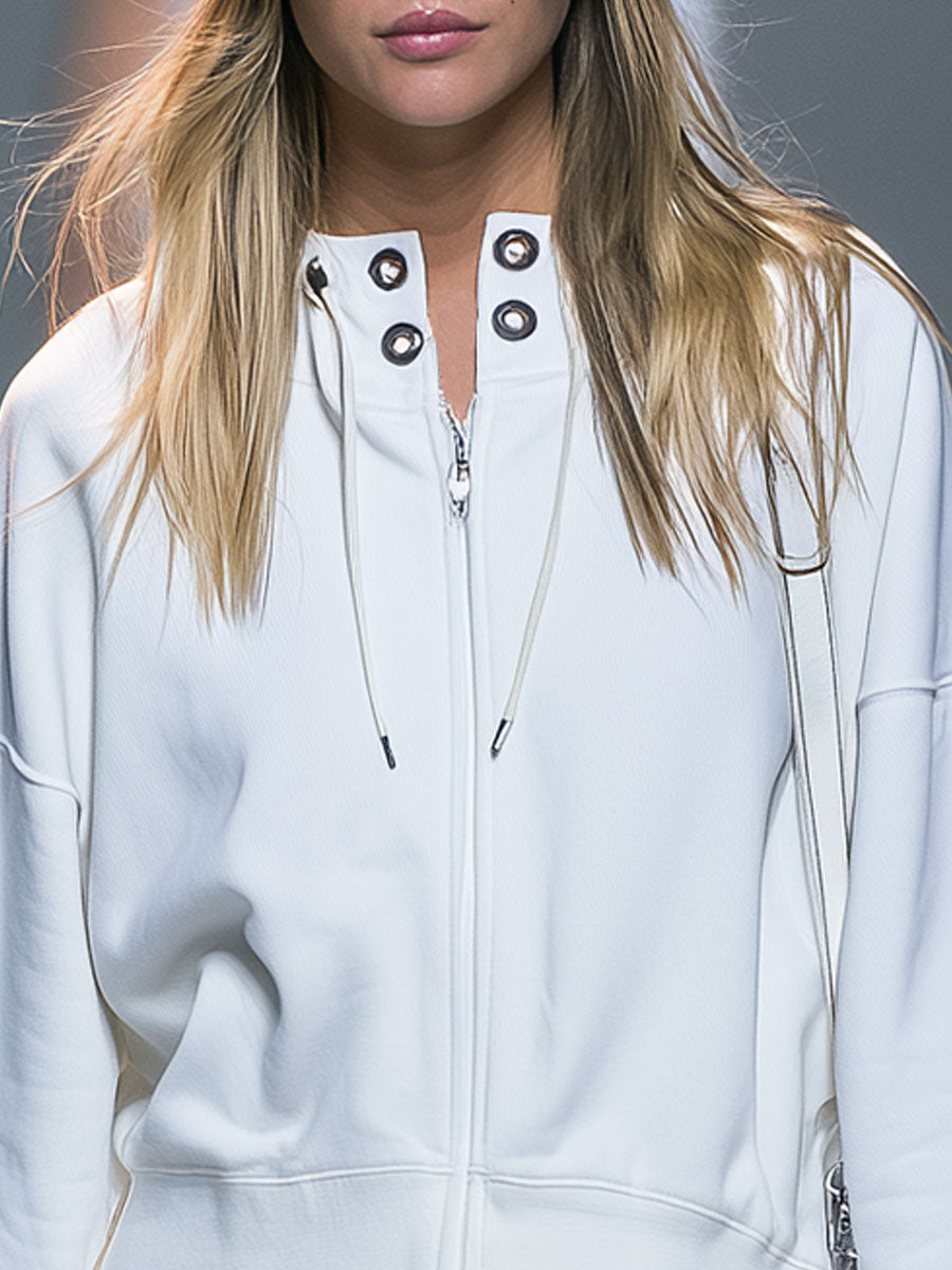 Casual Retro White Crew Neck Zip-up Sweatshirt And Skirt Set