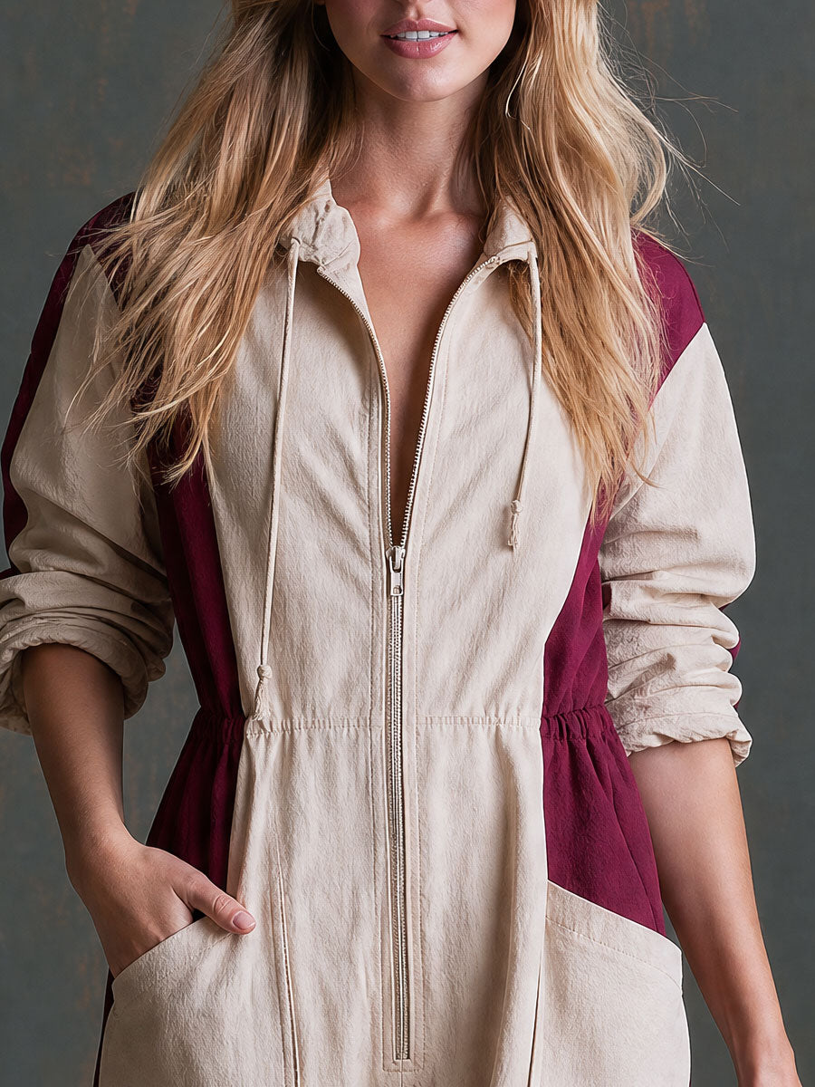 Casual Retro Color-blocked Hooded Zip-up Long-sleeved Cotton Jumpsuit