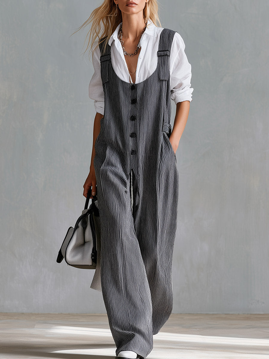 Elegant And Minimalist White Shirt And Grey Striped Suspender Jumpsuit Set