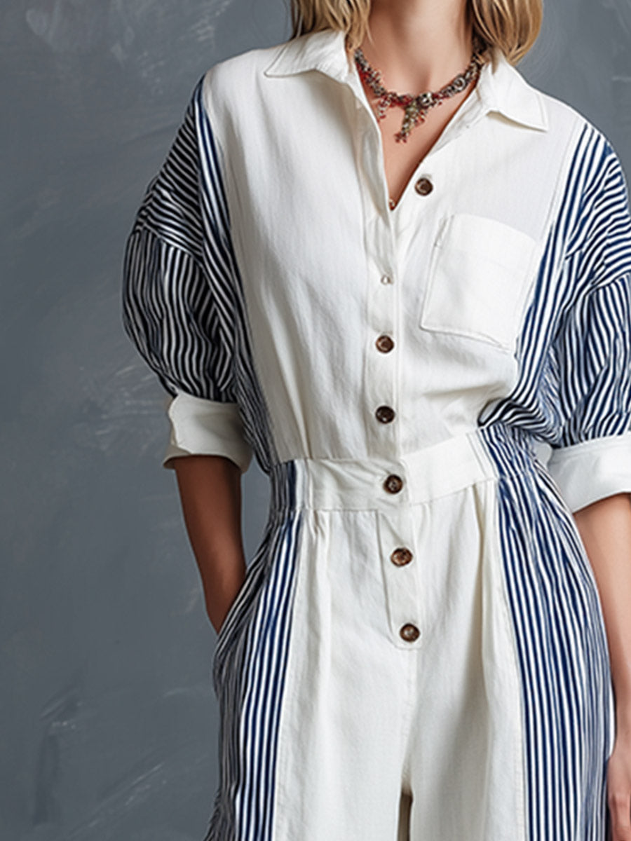 Elegant Classic White Patchwork Stripe Short-Sleeve Jumpsuit