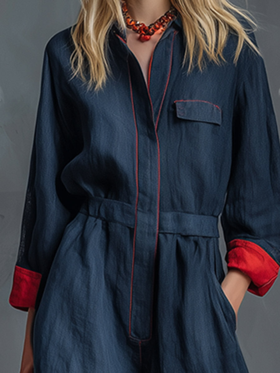 Retro Casual Style Red Piping Navy Blue Long-sleeve Jumpsuit