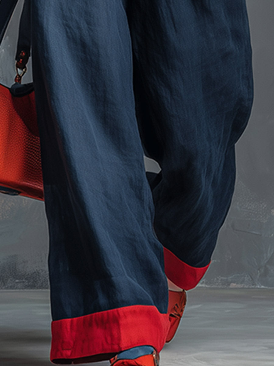 Retro Casual Style Red Piping Navy Blue Long-sleeve Jumpsuit