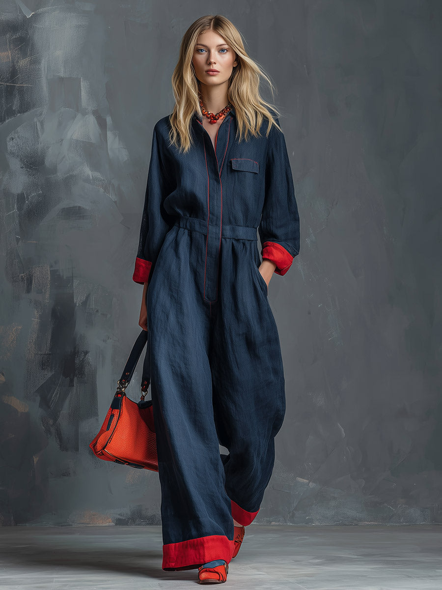 Retro Casual Style Red Piping Navy Blue Long-sleeve Jumpsuit