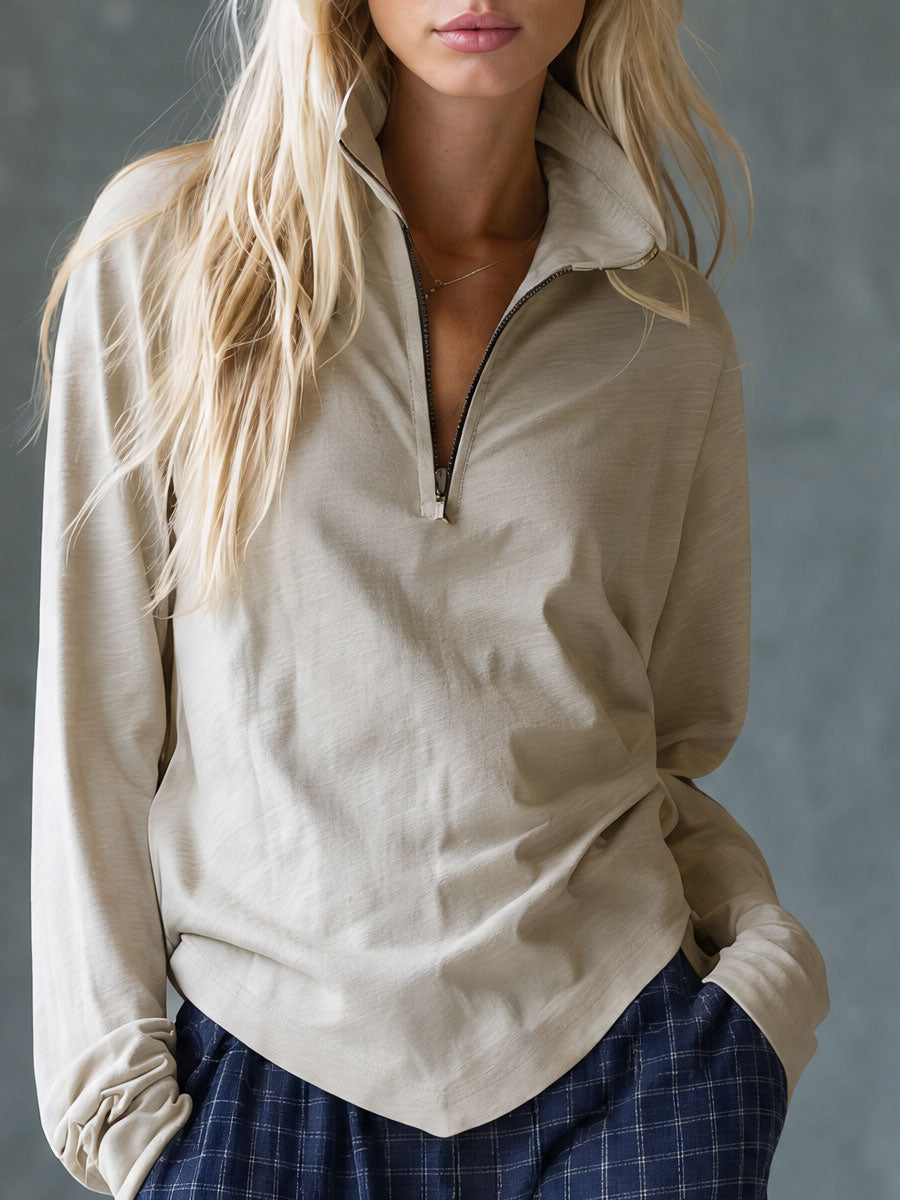 Casual Retro Light Khaki Stand-up Collar Cotton T-shirt And Blue Plaid Pants Set