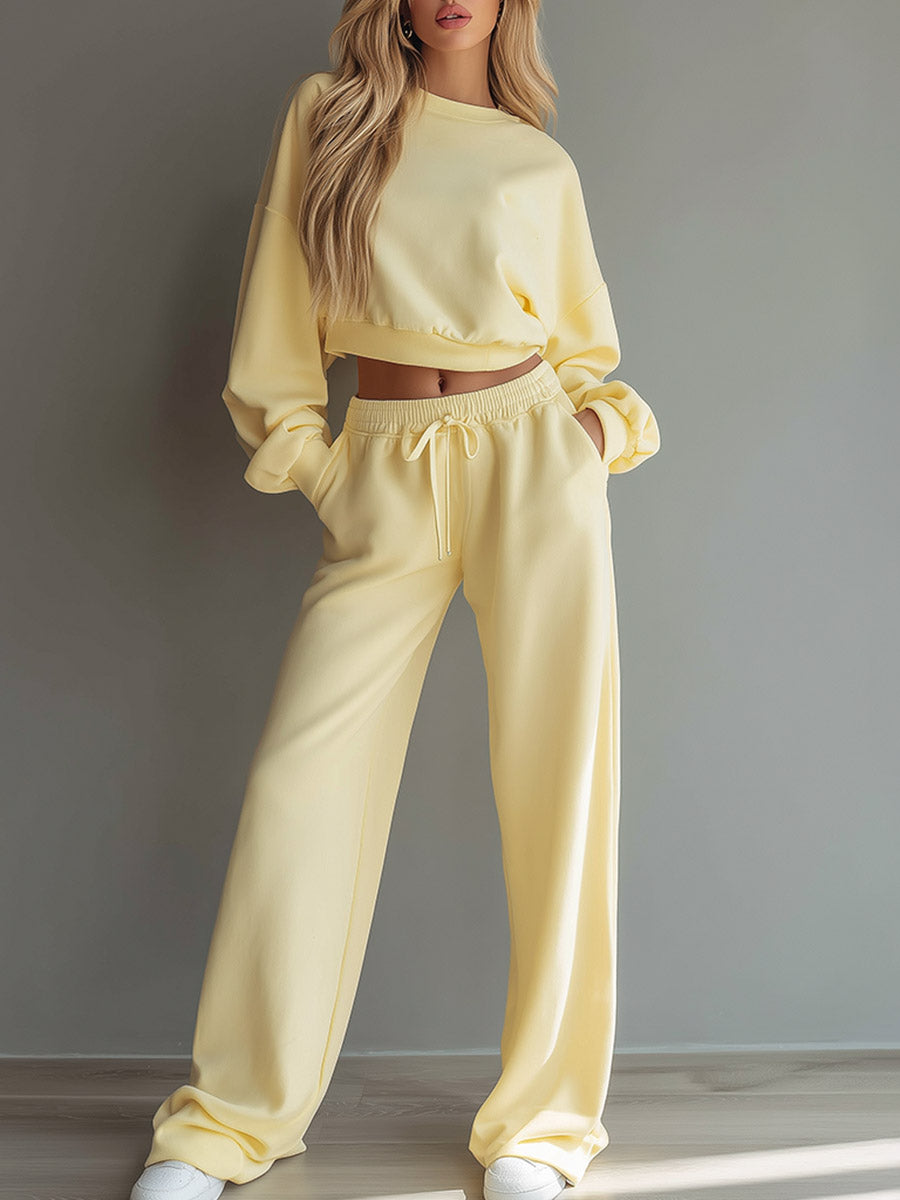 Casual Minimalist Pale Yellow Cropped Sweatshirt And Pant Set